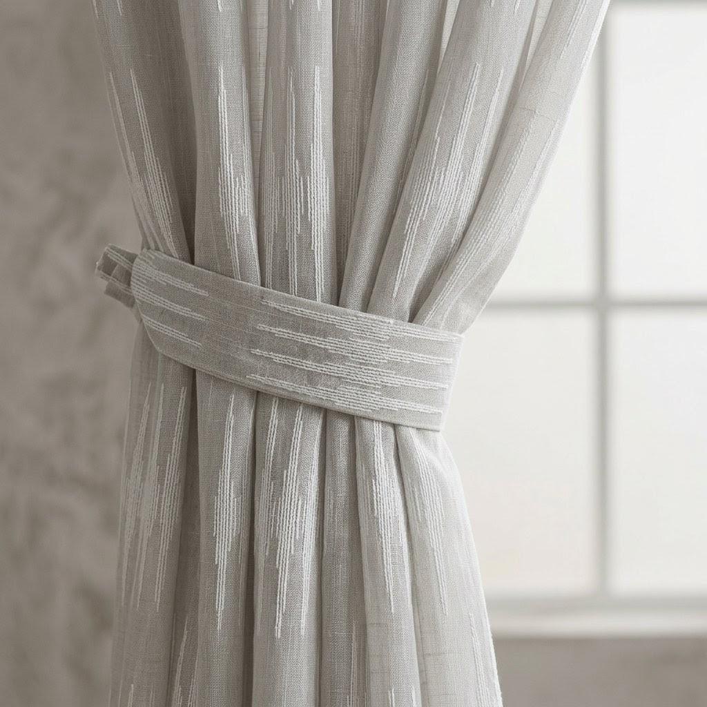 Light Grey Linen Sheer Curtains, White Embroidered Ikat Stripe Drapes, Custom Neutral Privacy Panels — image 6