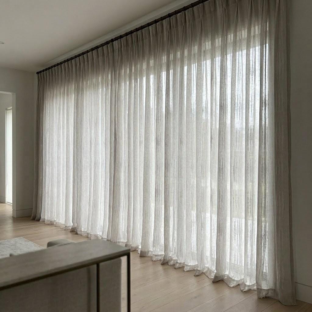 Light Grey Linen Sheer Curtains, White Embroidered Ikat Stripe Drapes, Custom Neutral Privacy Panels — image 8