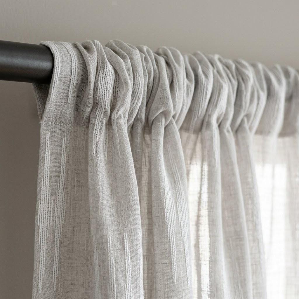 Light Grey Linen Sheer Curtains, White Embroidered Ikat Stripe Drapes, Custom Neutral Privacy Panels — image 10