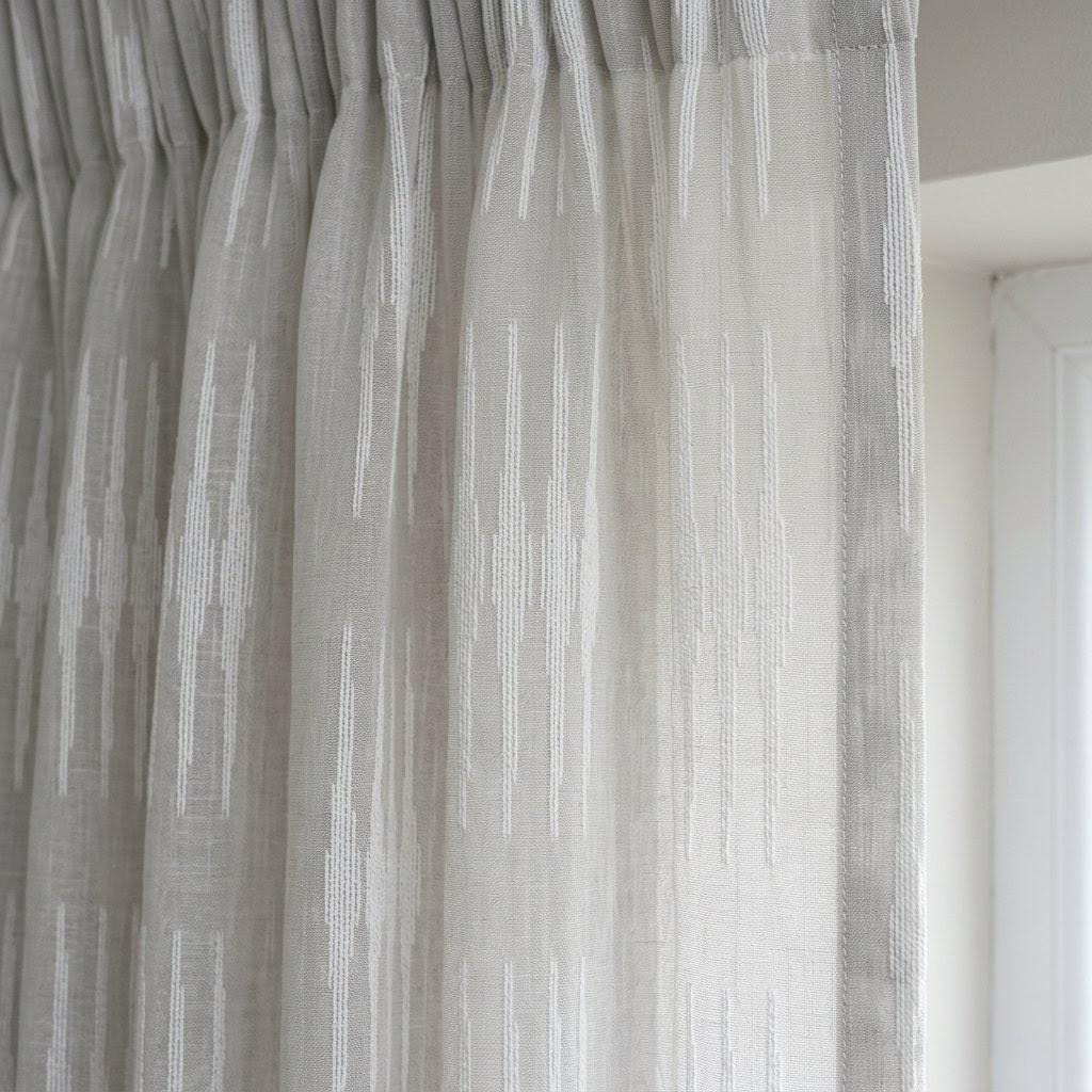 Light Grey Linen Sheer Curtains, White Embroidered Ikat Stripe Drapes, Custom Neutral Privacy Panels — image 3