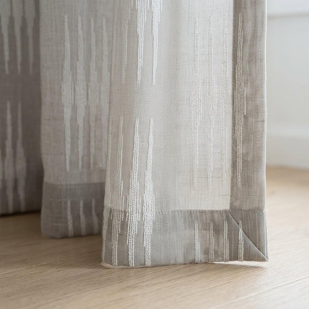 Light Grey Linen Sheer Curtains, White Embroidered Ikat Stripe Drapes, Custom Neutral Privacy Panels — image 1