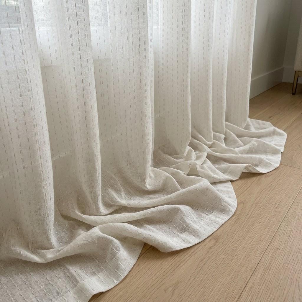 Muted White Pure Linen Sheer Curtains, Grey Embroidered Dash Drapes, Custom Neutral Privacy Panels — image 5