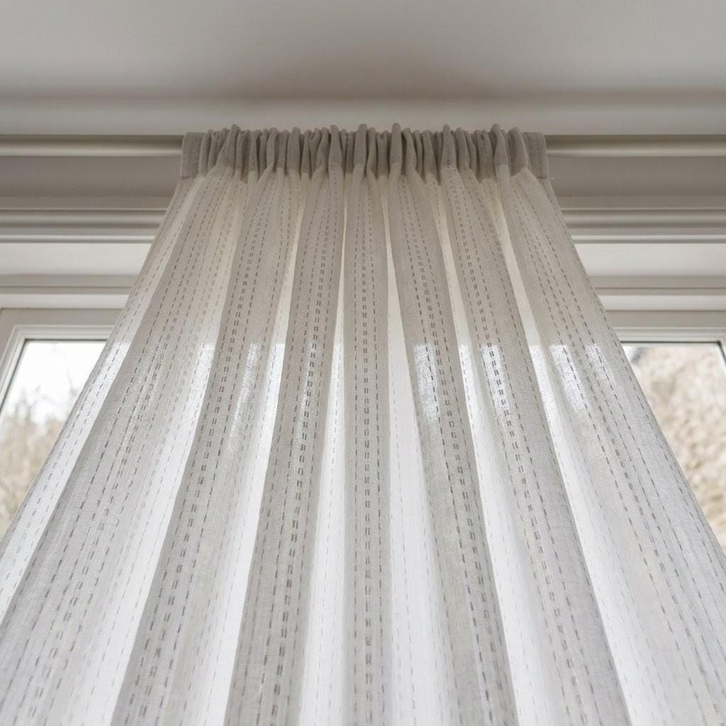 Muted White Pure Linen Sheer Curtains, Grey Embroidered Dash Drapes, Custom Neutral Privacy Panels — image 8