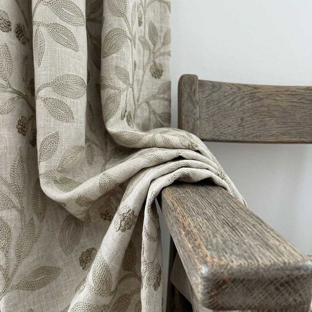 Light Natural Taupe Linen Embroidered Curtains, Botanical Leaf Drapes, Heavy Linen Panels, Cotton Lined or Blackout — image 3