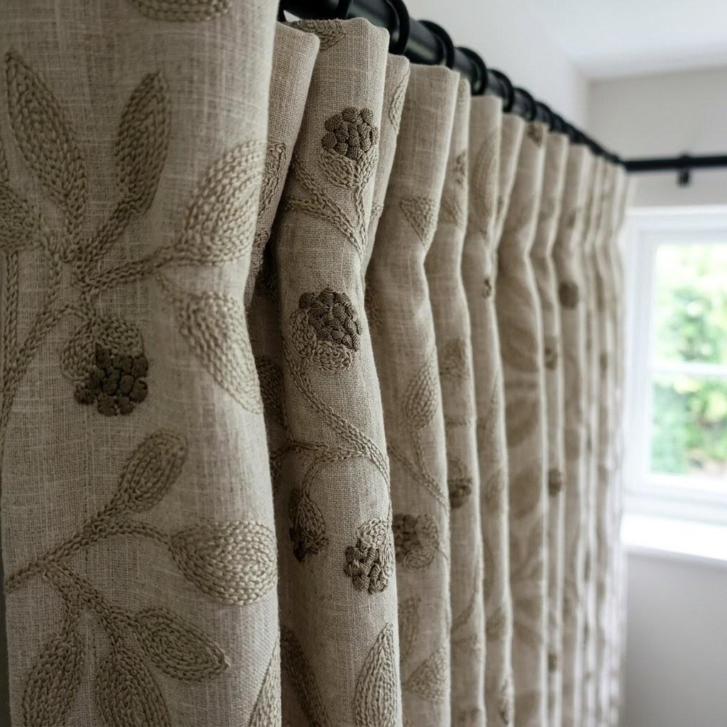 Light Natural Taupe Linen Embroidered Curtains, Botanical Leaf Drapes, Heavy Linen Panels, Cotton Lined or Blackout — image 4
