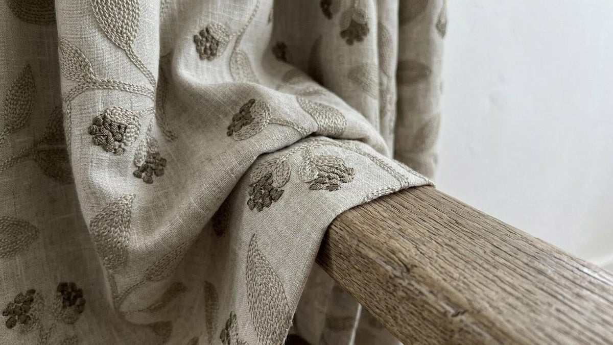 Light Natural Taupe Linen Embroidered Curtains, Botanical Leaf Drapes, Heavy Linen Panels, Cotton Lined or Blackout — image 7
