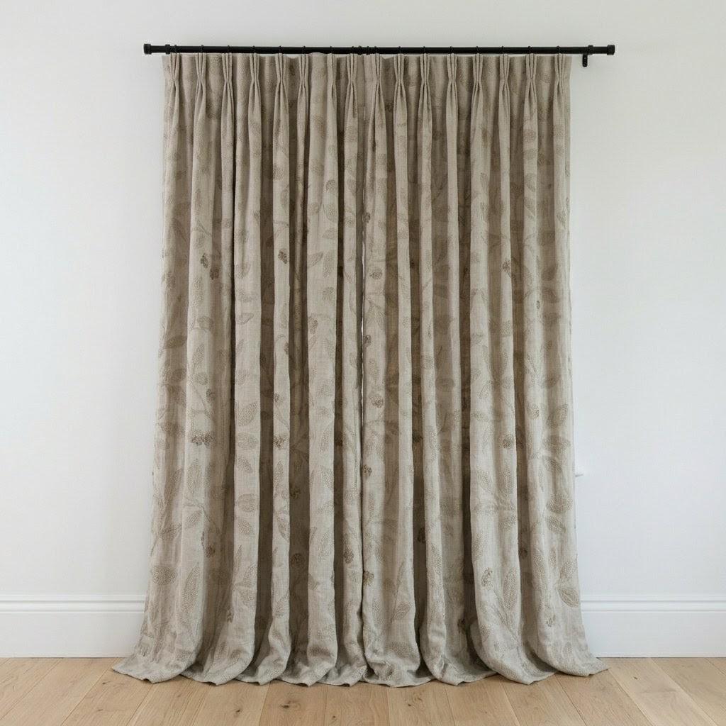 Light Natural Taupe Linen Embroidered Curtains, Botanical Leaf Drapes, Heavy Linen Panels, Cotton Lined or Blackout — image 6