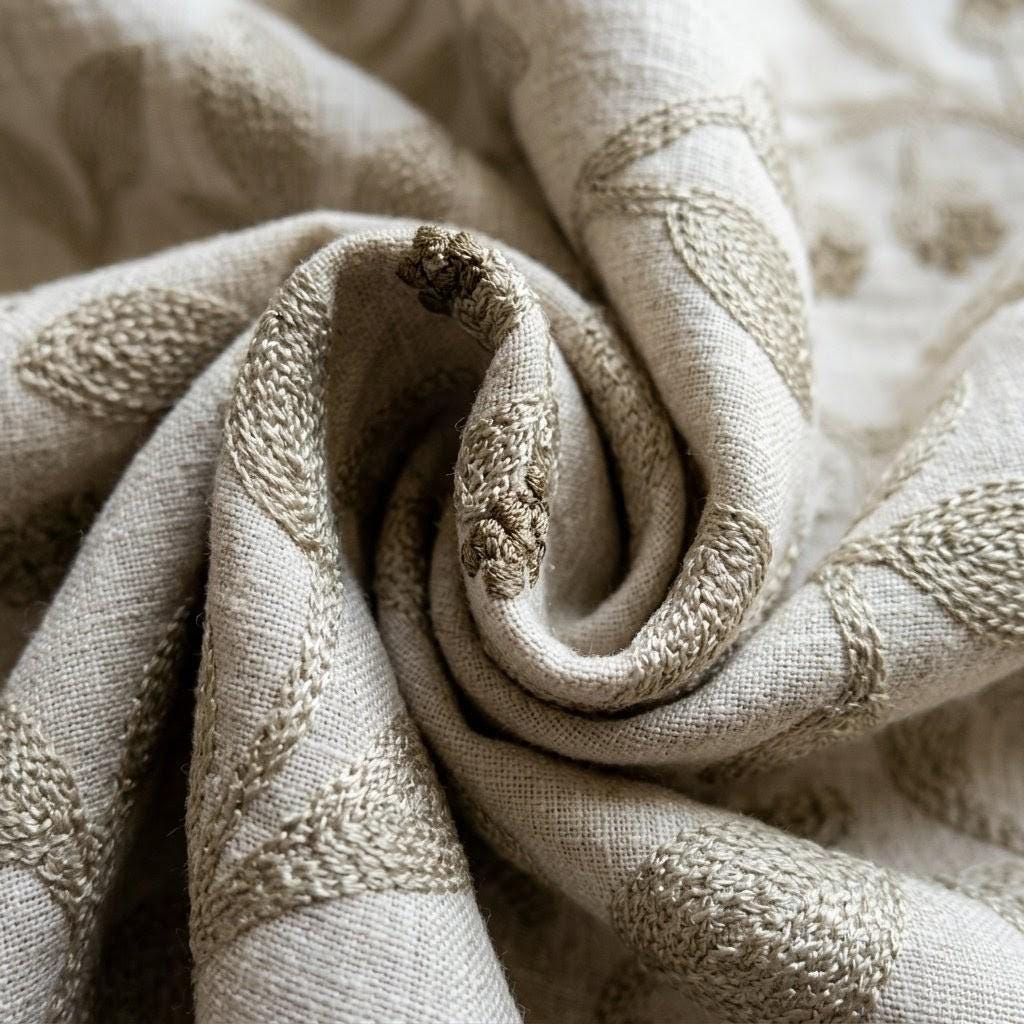 Light Natural Taupe Linen Embroidered Curtains, Botanical Leaf Drapes, Heavy Linen Panels, Cotton Lined or Blackout — image 8
