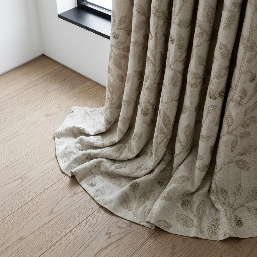 Light Natural Taupe Linen Embroidered Curtains, Botanical Leaf Drapes, Heavy Linen Panels, Cotton Lined or Blackout — image 9