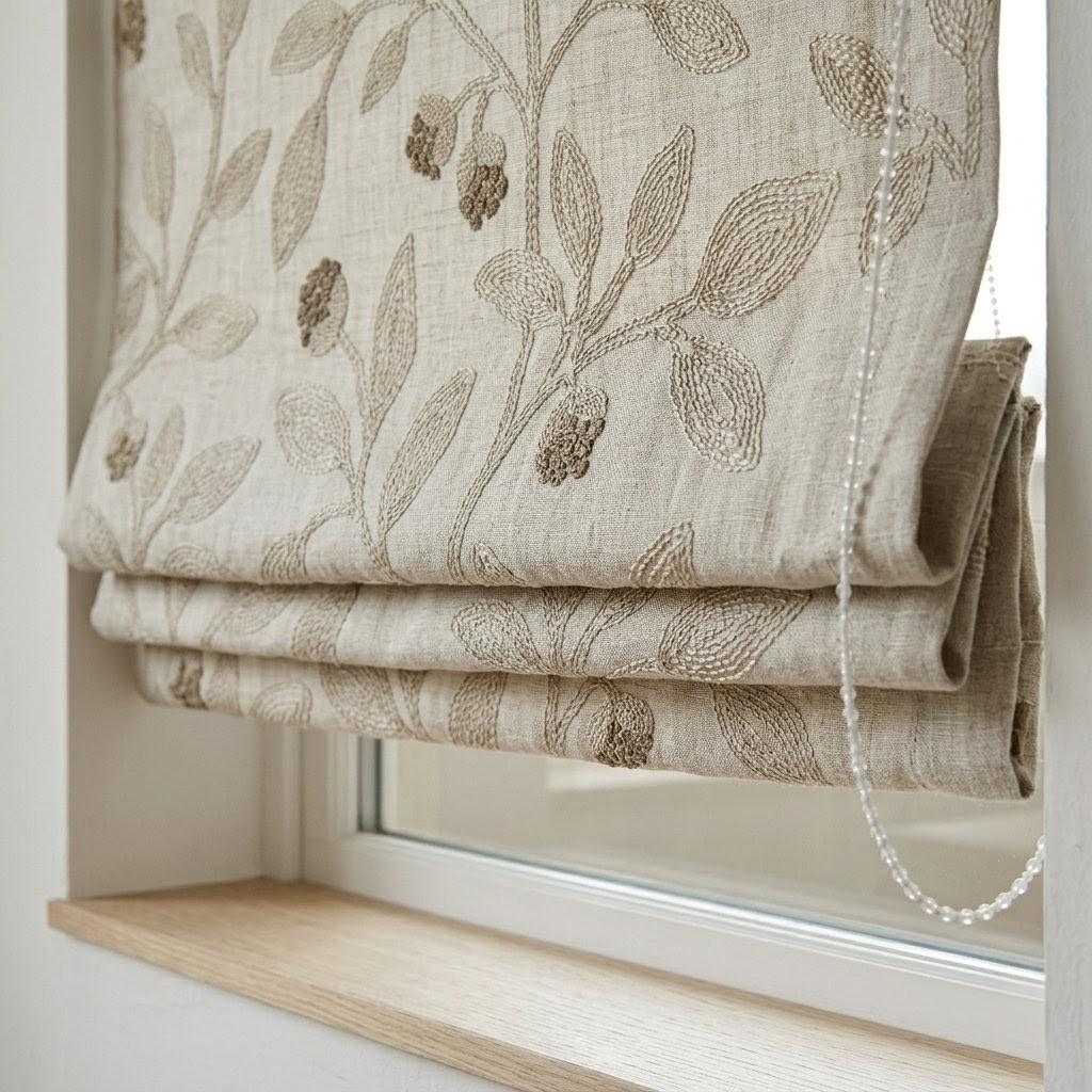 Natural Beige Embroidered Linen Roman Shade, Botanical Vine Custom Corded Blind, Blackout or Cotton Lined — image 2