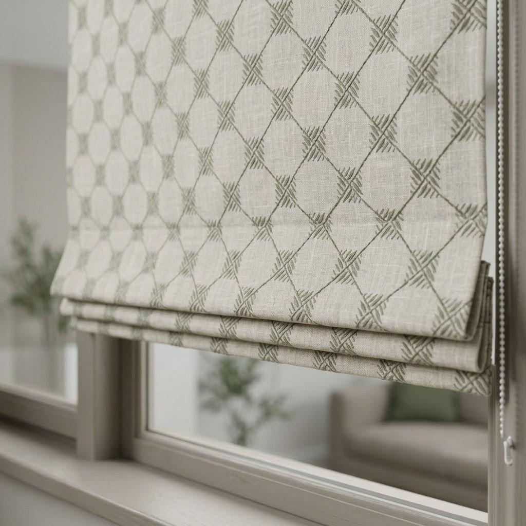 Natural Taupe Linen Roman Shade, Light Grey Embroidered Trellis Custom Corded Blind, Blackout or Cotton Lined — image 1