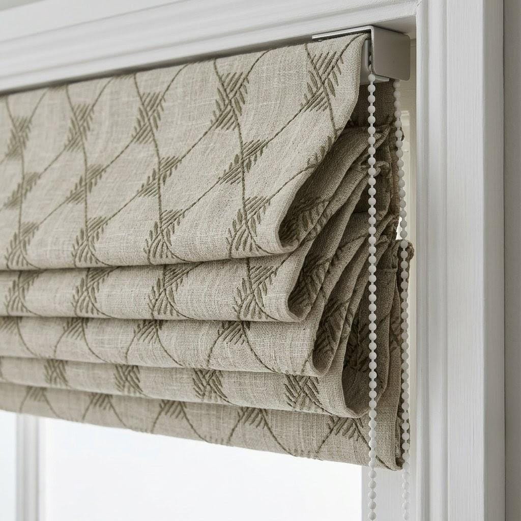 Natural Taupe Linen Roman Shade, Light Grey Embroidered Trellis Custom Corded Blind, Blackout or Cotton Lined — image 7