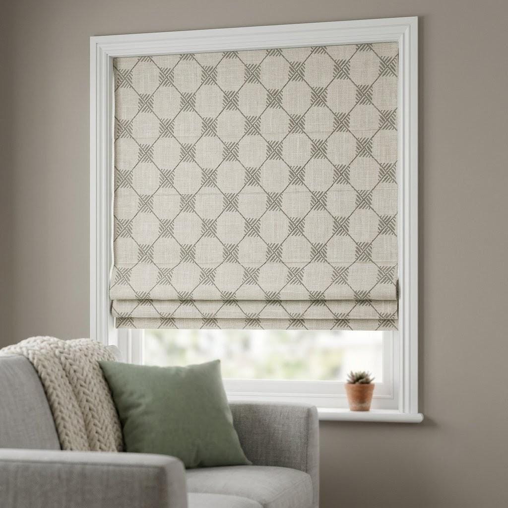 Natural Taupe Linen Roman Shade, Light Grey Embroidered Trellis Custom Corded Blind, Blackout or Cotton Lined — image 4