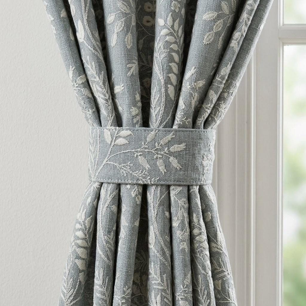 Dusty Blue Grey Pure Linen Embroidered Curtains, Ivory Floral Botanical Drapes, Custom Blackout Window Panels — image 1