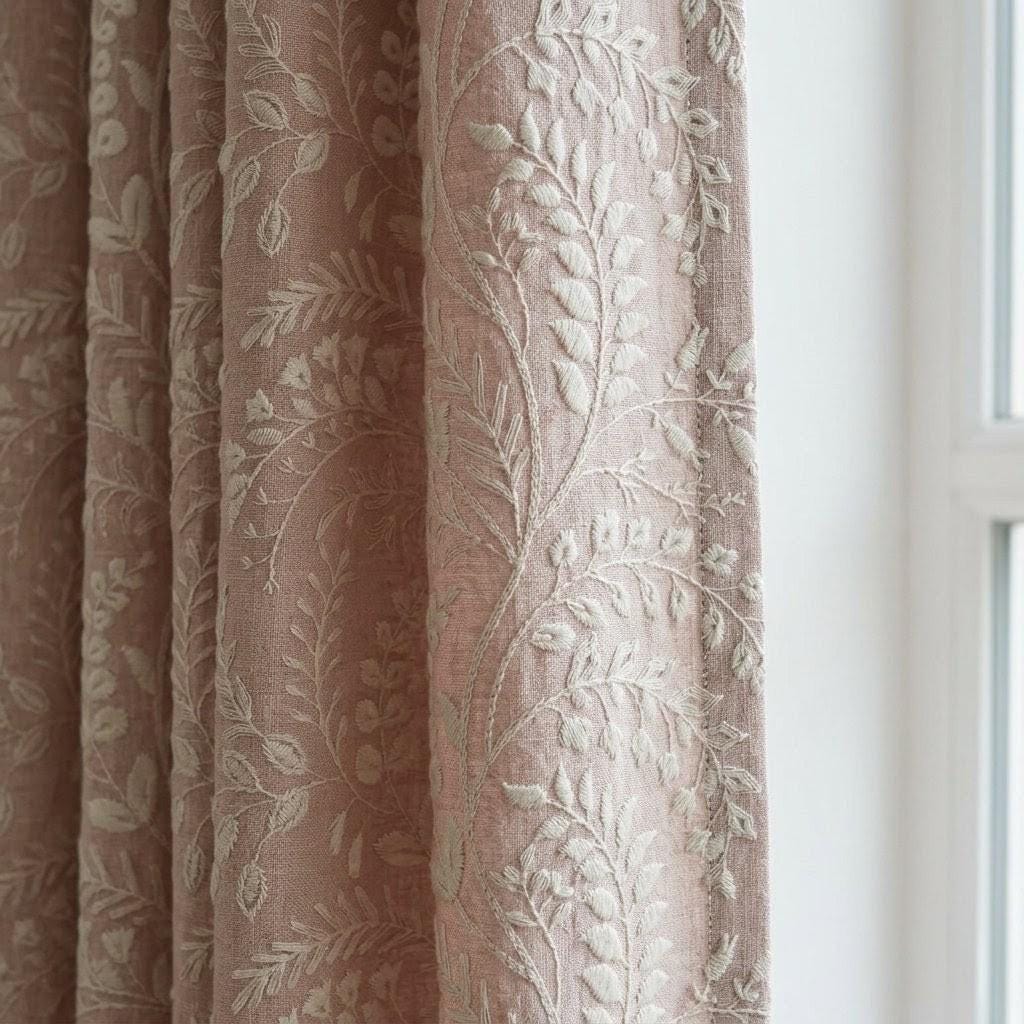 Dusty Blush Pink Pure Linen Embroidered Curtains, Ivory Floral Botanical Drapes, Custom Blackout Window Panels — image 1