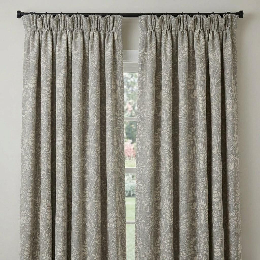 Stone Gray Pure Linen Embroidered Curtains, Ivory Botanical Floral Drapes, Custom Blackout Window Panels — image 10