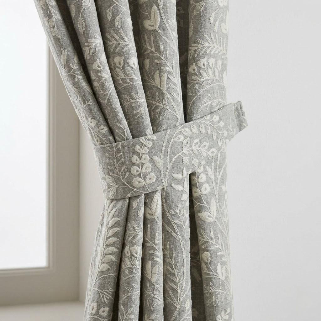 Stone Gray Pure Linen Embroidered Curtains, Ivory Botanical Floral Drapes, Custom Blackout Window Panels — image 1