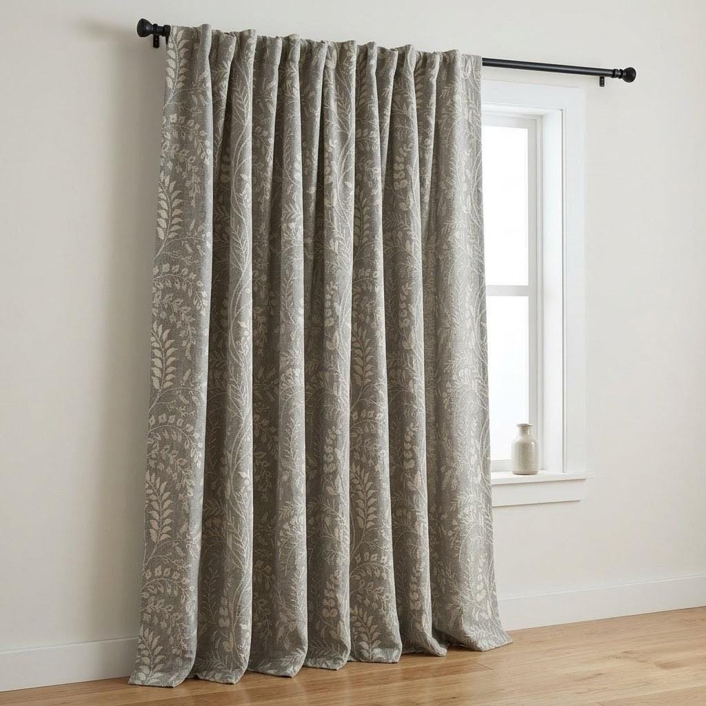 Stone Gray Pure Linen Embroidered Curtains, Ivory Botanical Floral Drapes, Custom Blackout Window Panels — image 5