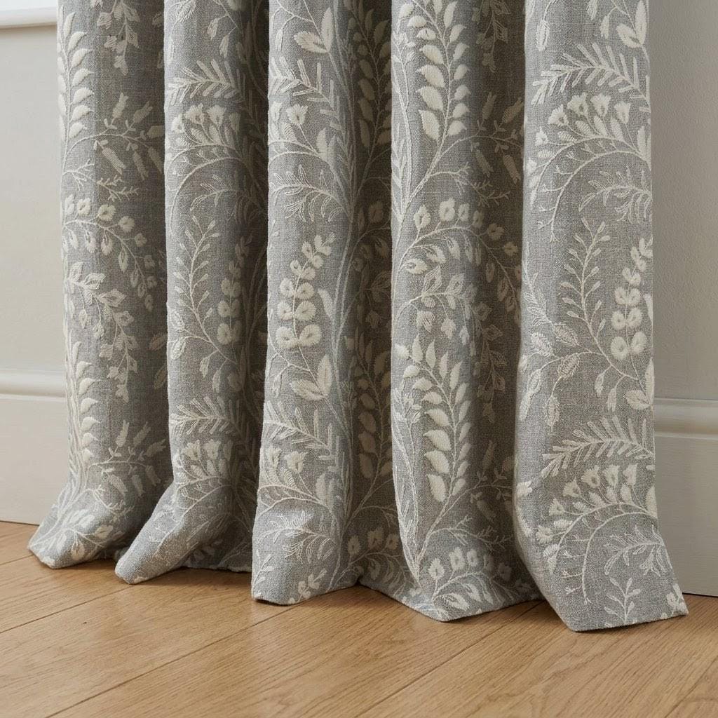 Stone Gray Pure Linen Embroidered Curtains, Ivory Botanical Floral Drapes, Custom Blackout Window Panels — image 3
