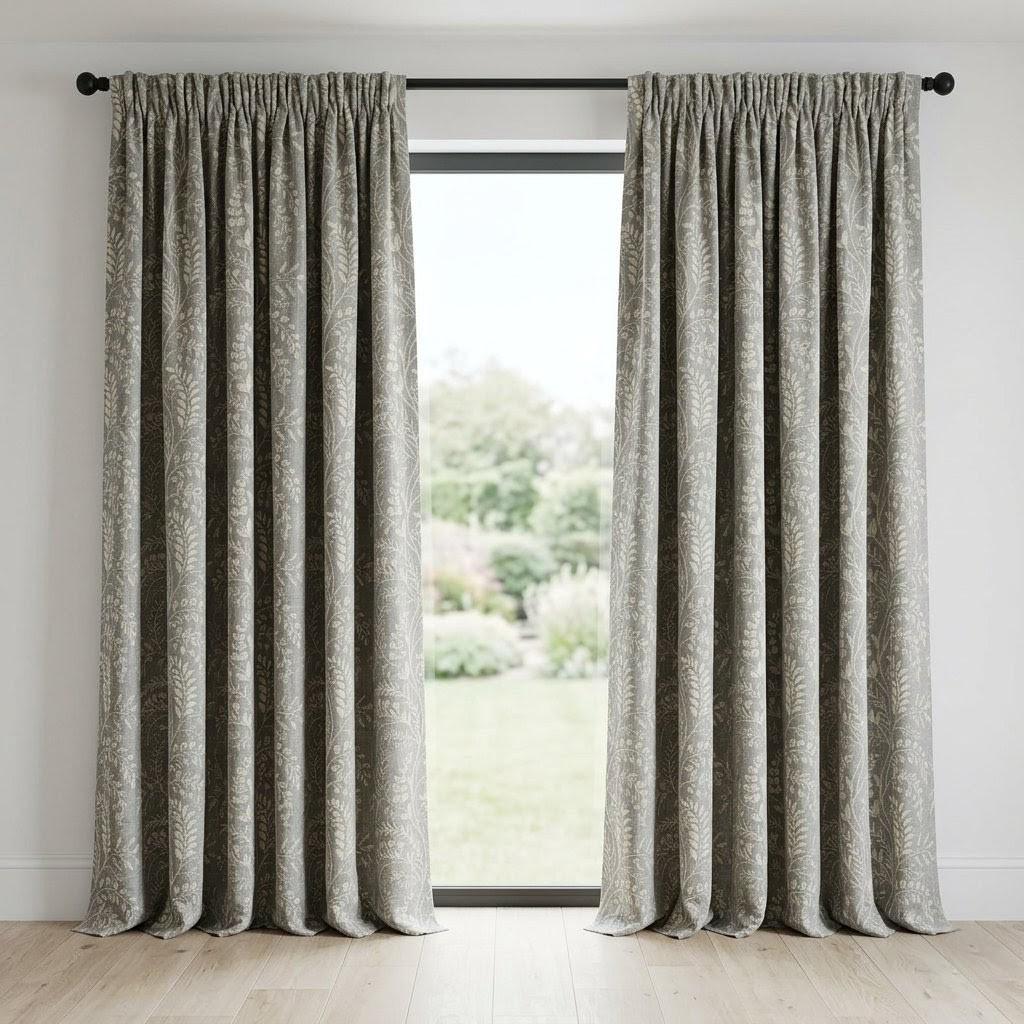 Stone Gray Pure Linen Embroidered Curtains, Ivory Botanical Floral Drapes, Custom Blackout Window Panels — image 8