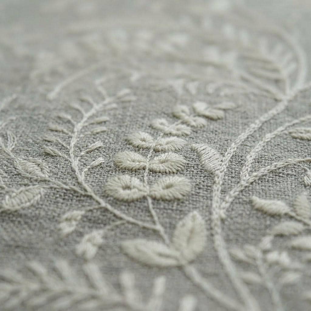 Stone Gray Pure Linen Embroidered Curtains, Ivory Botanical Floral Drapes, Custom Blackout Window Panels — image 9