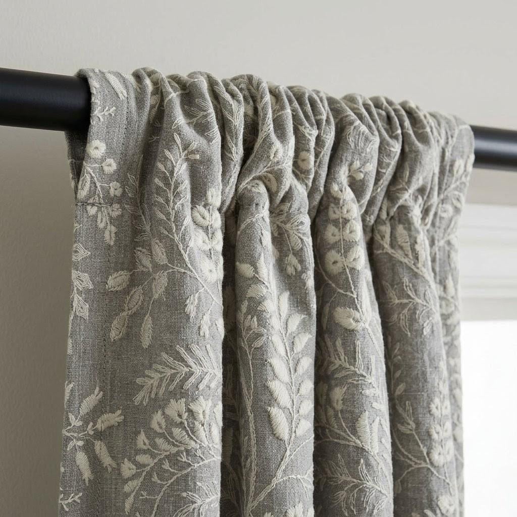 Stone Gray Pure Linen Embroidered Curtains, Ivory Botanical Floral Drapes, Custom Blackout Window Panels — image 4