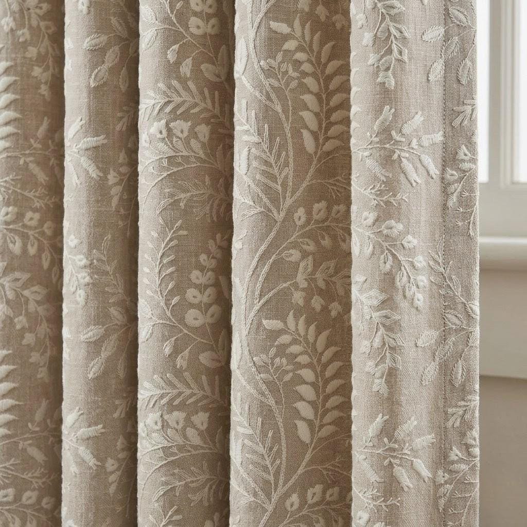 Natural Beige Pure Linen Embroidered Curtains, Ivory Botanical Floral Drapes, Custom Blackout Window Panels — image 1