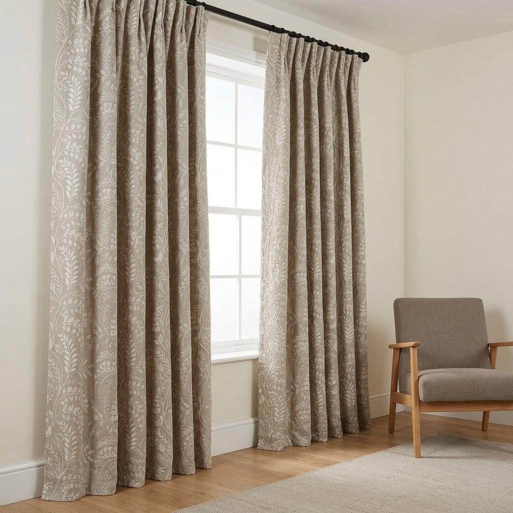 Greige Taupe Pure Linen Embroidered Curtains, Ivory Botanical Floral Drapes, Custom Blackout Window Panels — image 6