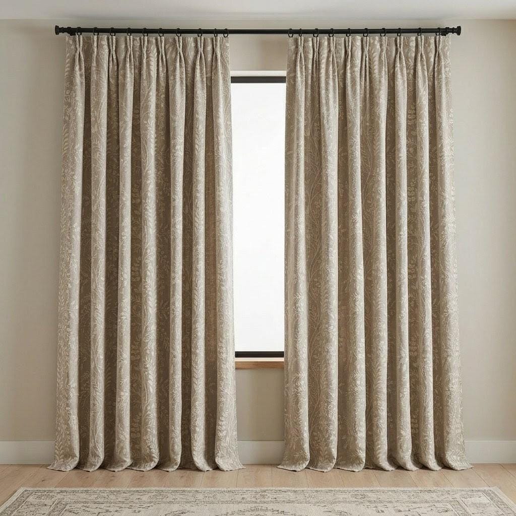 Greige Taupe Pure Linen Embroidered Curtains, Ivory Botanical Floral Drapes, Custom Blackout Window Panels — image 7