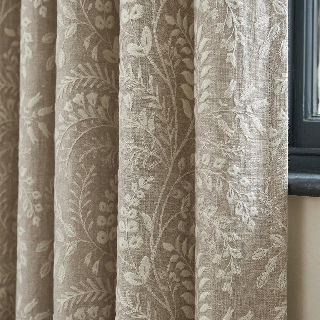 Greige Taupe Pure Linen Embroidered Curtains, Ivory Botanical Floral Drapes, Custom Blackout Window Panels — image 1