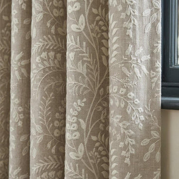 Greige Taupe Pure Linen Embroidered Curtains, Ivory Botanical Floral Drapes, Custom Blackout Window Panels — image 1