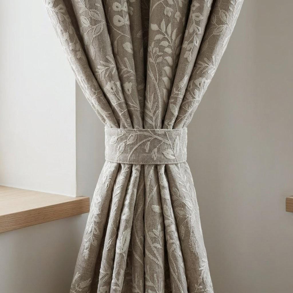 Greige Taupe Pure Linen Embroidered Curtains, Ivory Botanical Floral Drapes, Custom Blackout Window Panels — image 2