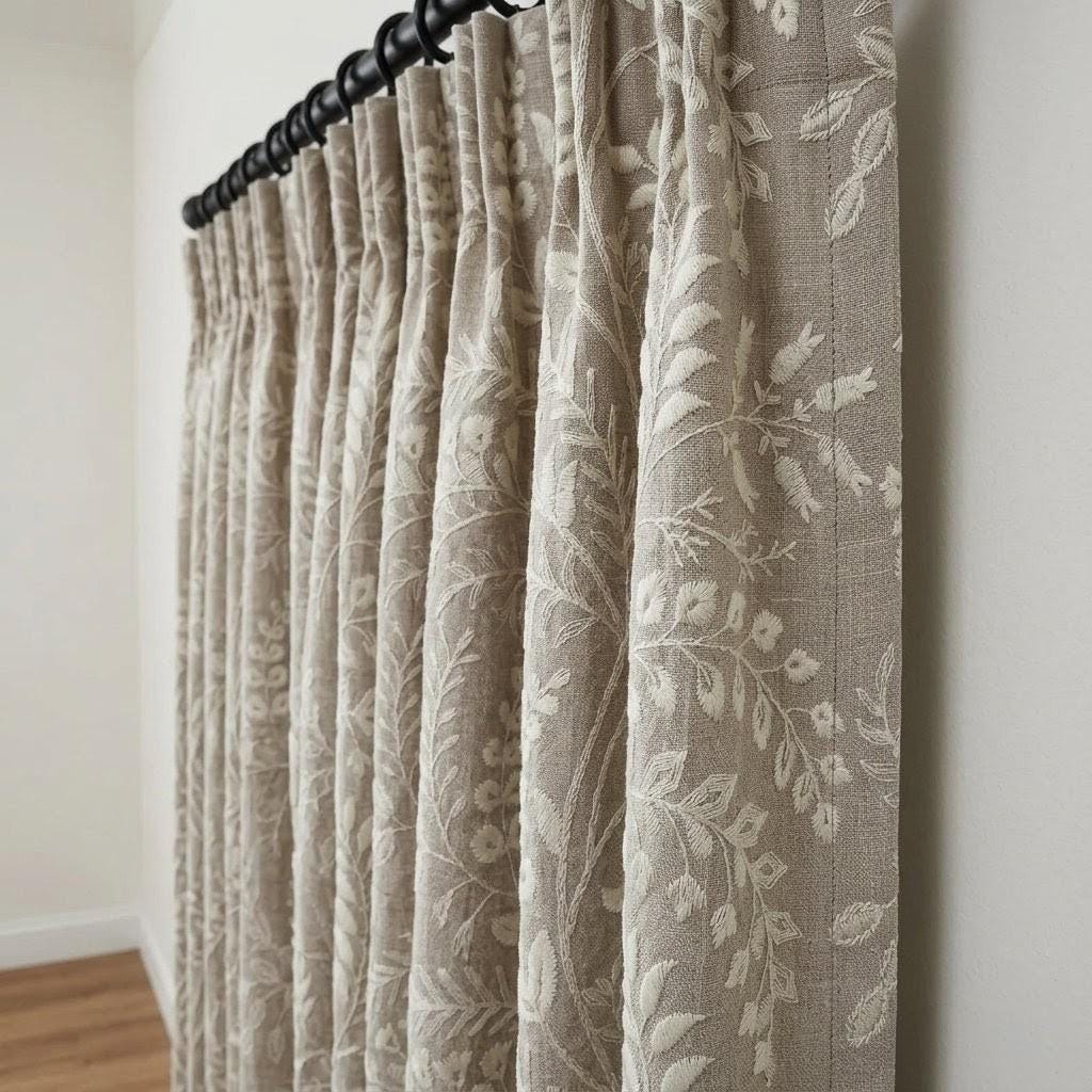 Greige Taupe Pure Linen Embroidered Curtains, Ivory Botanical Floral Drapes, Custom Blackout Window Panels — image 5