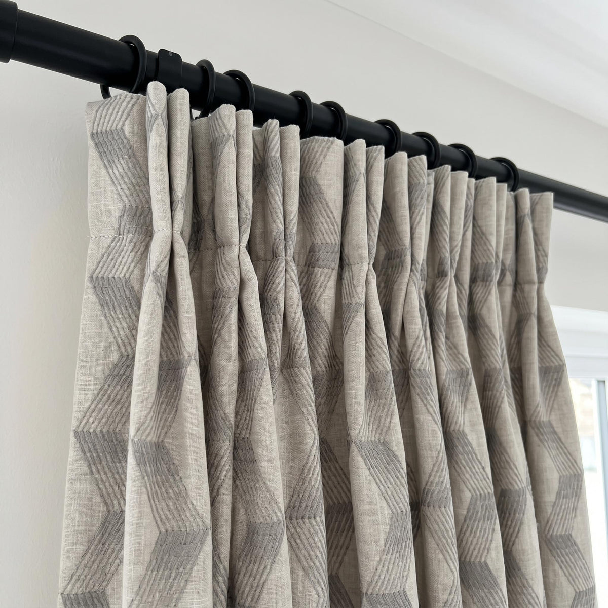 Light Taupe Linen Embroidered Curtains, Grey Geometric Cube Drapes, Heavy Linen Panels, Cotton Lined or Blackout — image 6