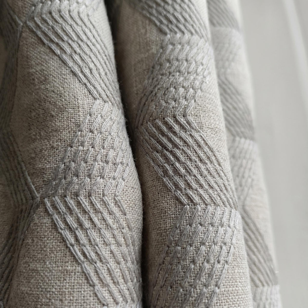 Light Taupe Linen Embroidered Curtains, Grey Geometric Cube Drapes, Heavy Linen Panels, Cotton Lined or Blackout — image 9