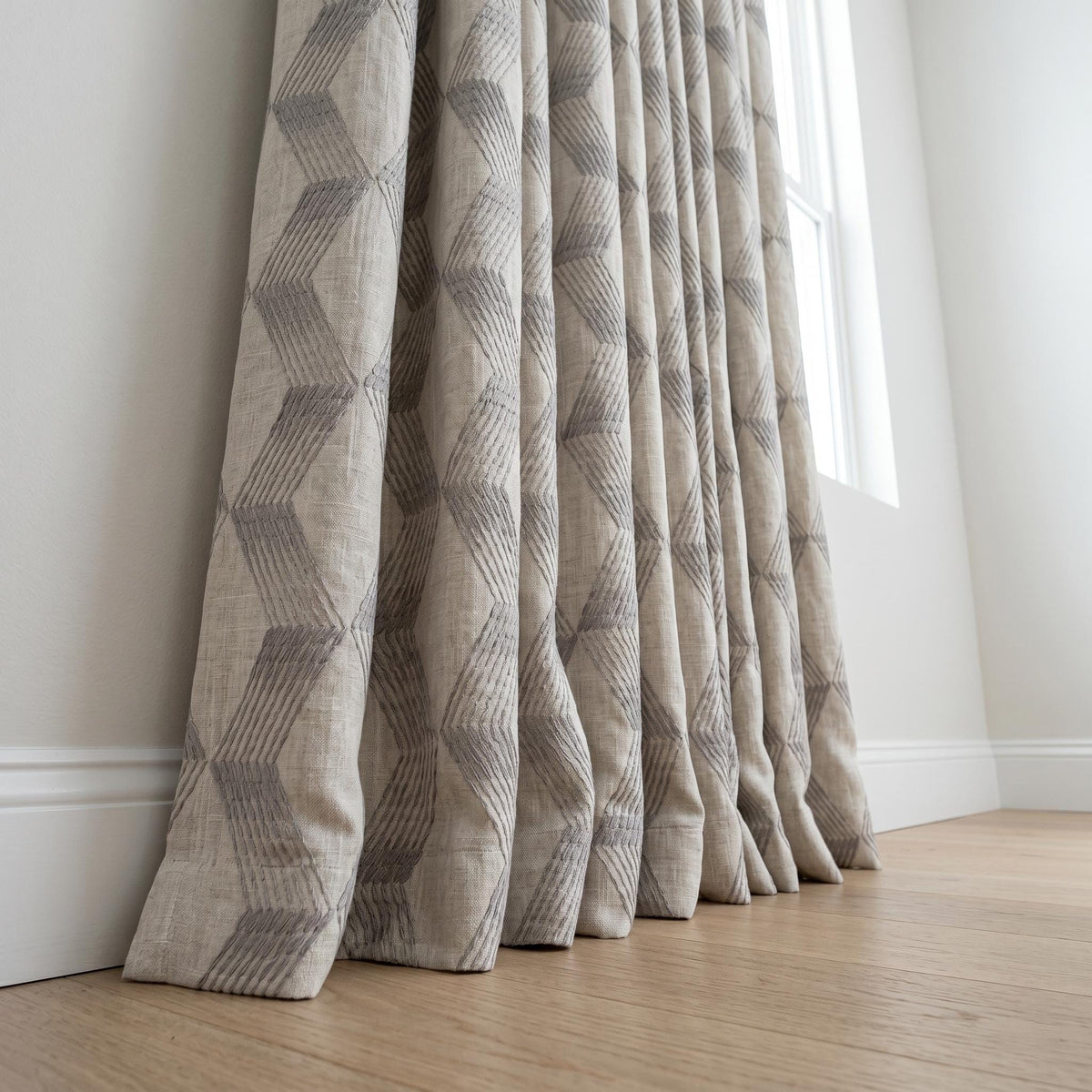 Light Taupe Linen Embroidered Curtains, Grey Geometric Cube Drapes, Heavy Linen Panels, Cotton Lined or Blackout — image 3