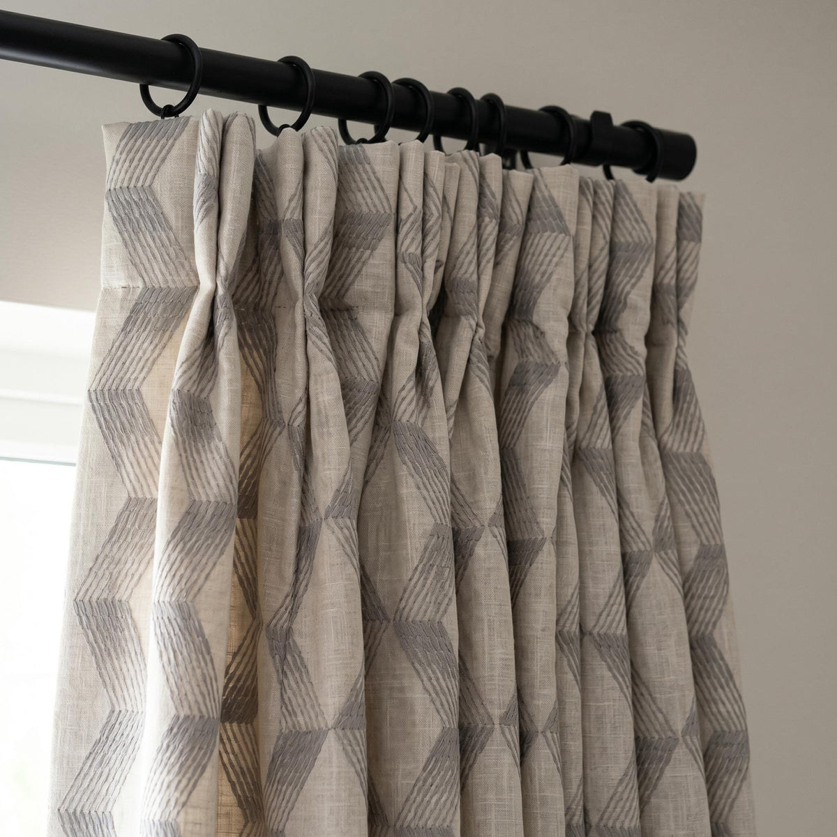 Light Taupe Linen Embroidered Curtains, Grey Geometric Cube Drapes, Heavy Linen Panels, Cotton Lined or Blackout — image 10