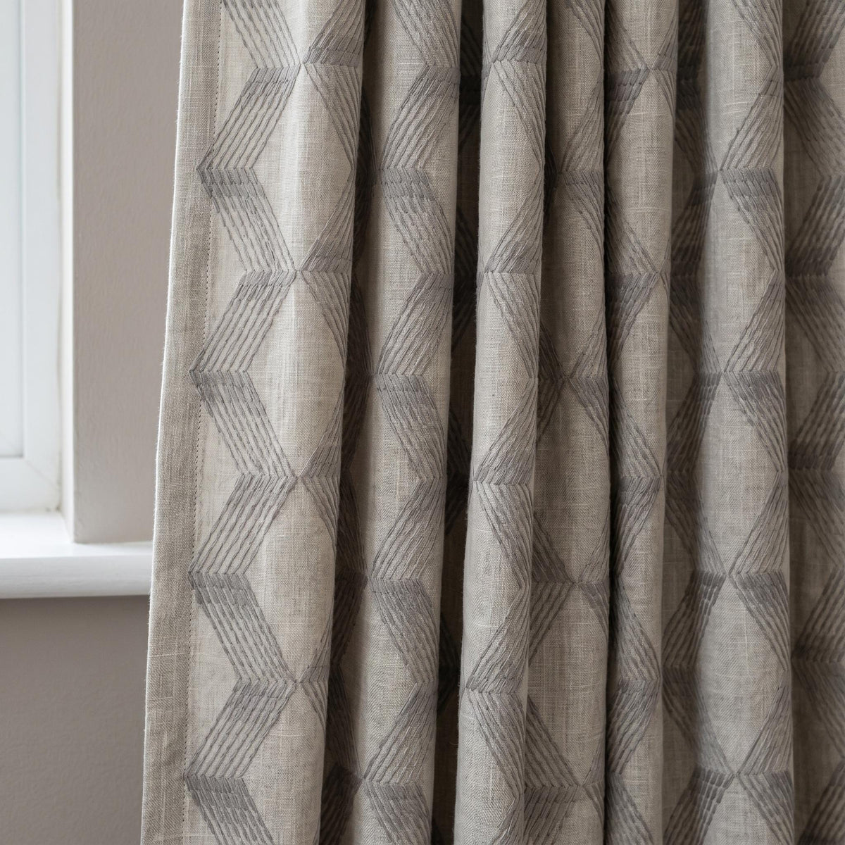 Light Taupe Linen Embroidered Curtains, Grey Geometric Cube Drapes, Heavy Linen Panels, Cotton Lined or Blackout — image 8