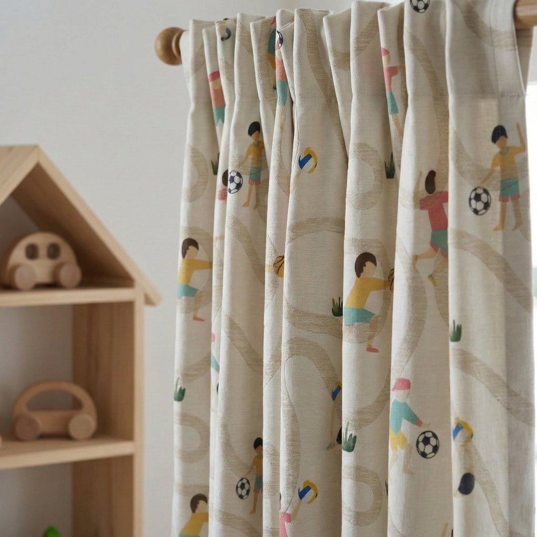 Kids Sports Linen Curtains, Ivory Jacquard Playroom Drapes — image 1
