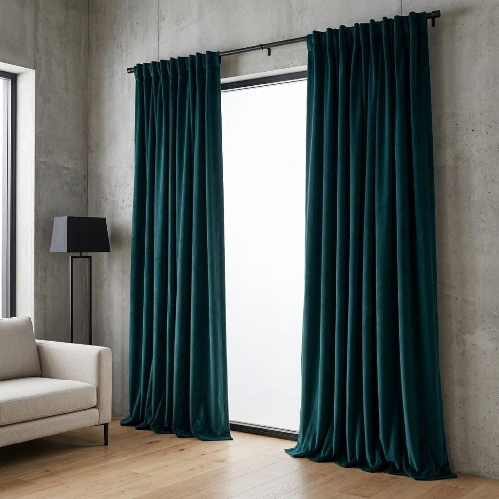 Dark Peacock Teal Velvet Curtains, Blue Green Heavy Drapes, Custom Blackout or Cotton Lined Window Panels — image 6