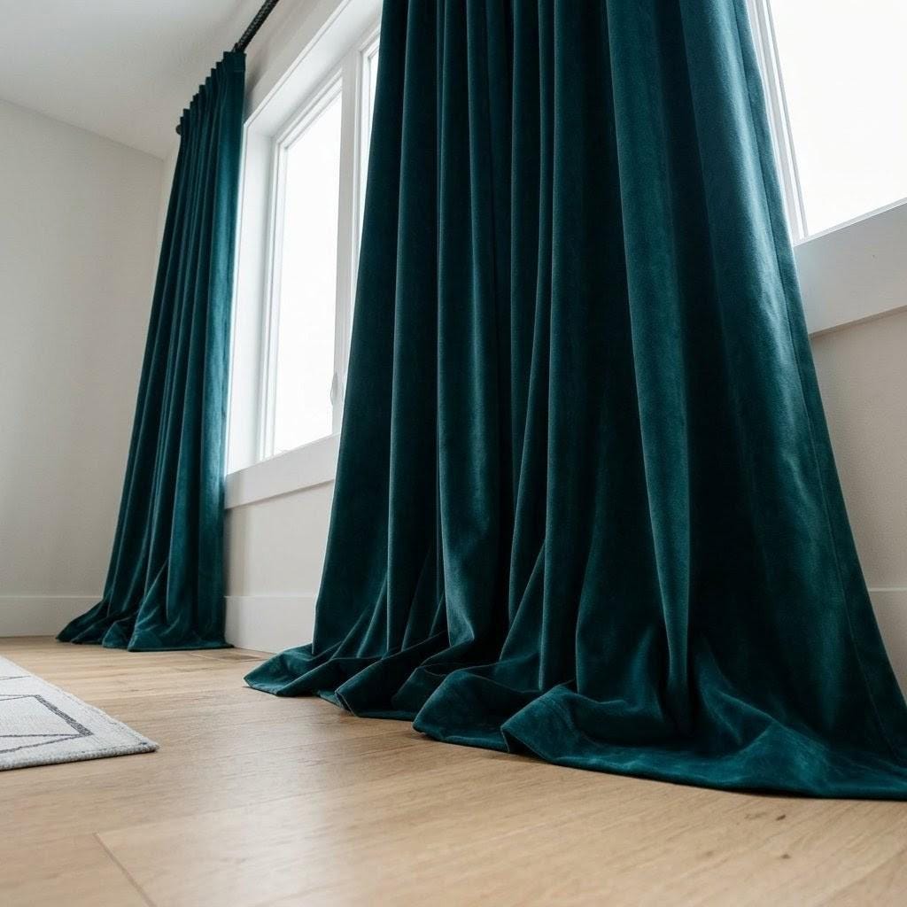 Dark Peacock Teal Velvet Curtains, Blue Green Heavy Drapes, Custom Blackout or Cotton Lined Window Panels — image 8