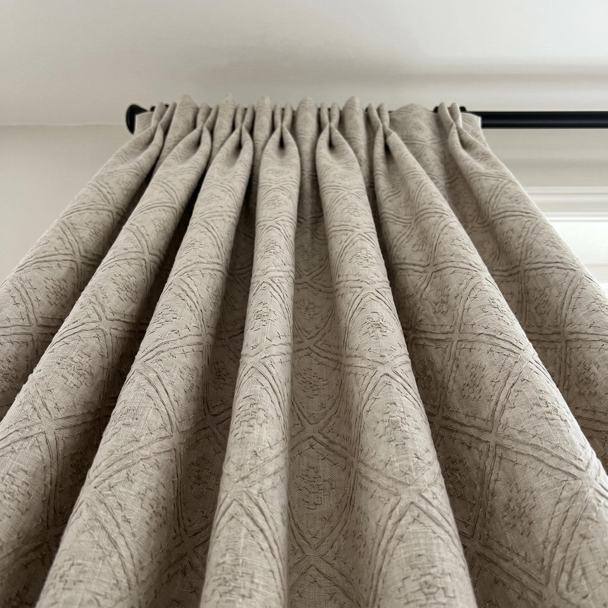 Light Taupe Linen Embroidered Curtains, Diamond Geometric Drapes, Heavy Linen Panels, Cotton Lined or Blackout — image 8