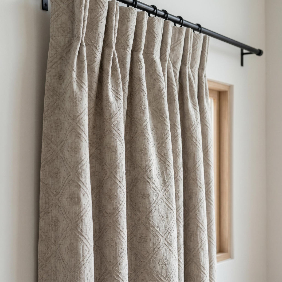 Light Taupe Linen Embroidered Curtains, Diamond Geometric Drapes, Heavy Linen Panels, Cotton Lined or Blackout — image 5