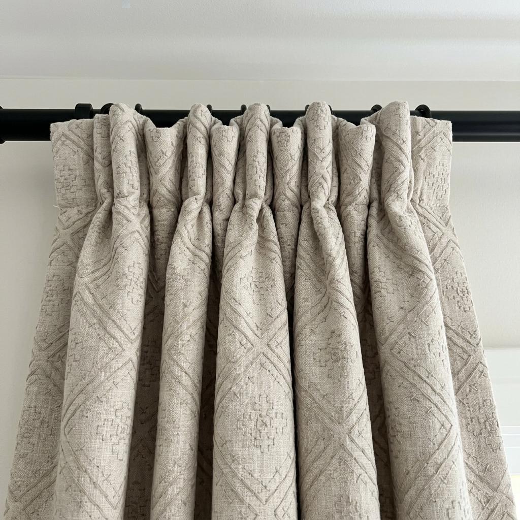 Light Taupe Linen Embroidered Curtains, Diamond Geometric Drapes, Heavy Linen Panels, Cotton Lined or Blackout — image 9