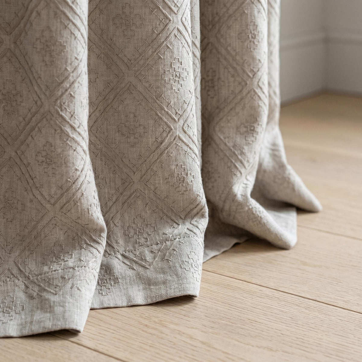 Light Taupe Linen Embroidered Curtains, Diamond Geometric Drapes, Heavy Linen Panels, Cotton Lined or Blackout — image 4