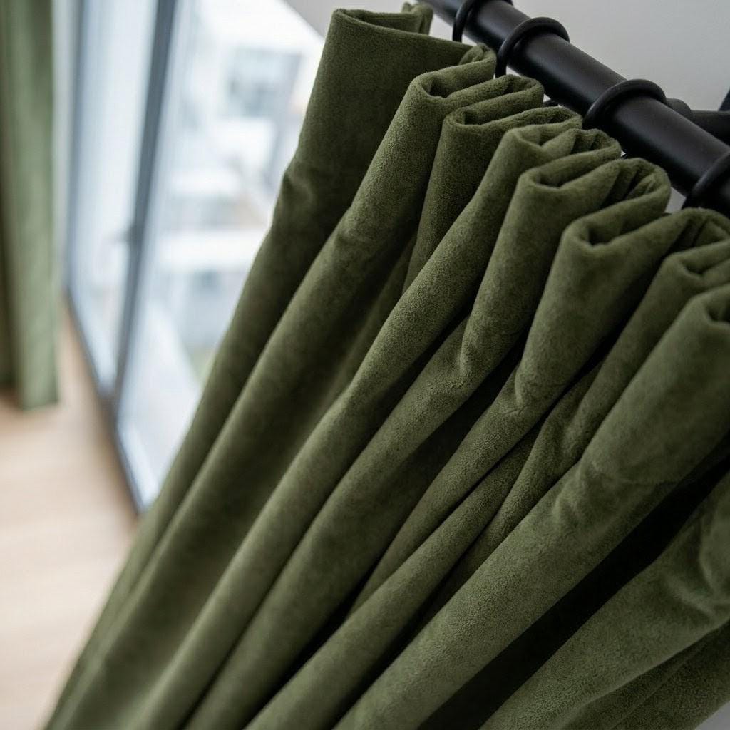 Olive Moss Green Velvet Curtains, Heavy Luxury Drapes, Custom Blackout or Cotton Lined Window Panels — image 6