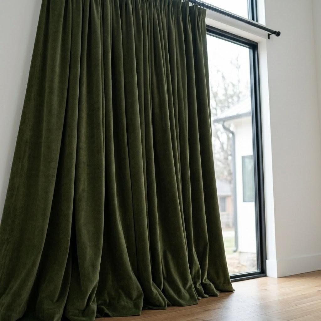 Olive Moss Green Velvet Curtains, Heavy Luxury Drapes, Custom Blackout or Cotton Lined Window Panels — image 9