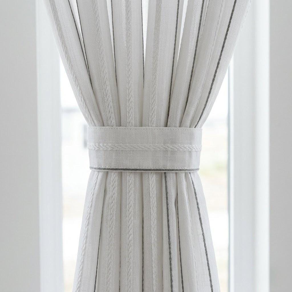 White Linen Sheer Curtains, Dark Grey Stripe Embroidered Drapes, Textured Privacy Panels, Custom Size — image 1