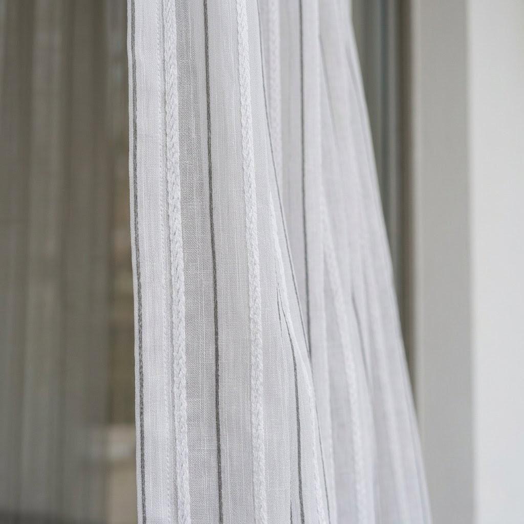 White Linen Sheer Curtains, Dark Grey Stripe Embroidered Drapes, Textured Privacy Panels, Custom Size — image 1