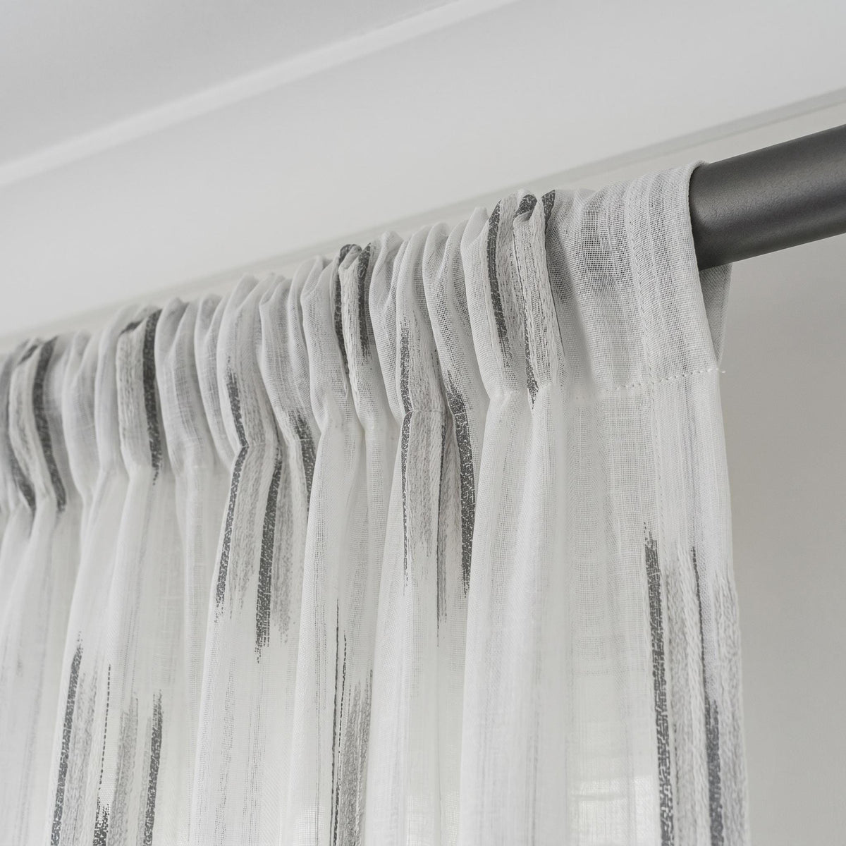 Pure White Linen Sheer Curtains, Charcoal Grey Abstract Stripe Embroidered Drapes, Custom Privacy Panels — image 3